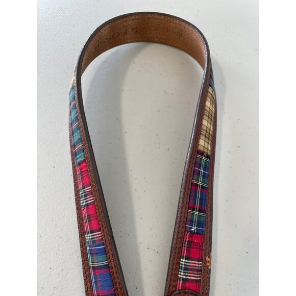 Fossil Genuine Leather Plaid Fabric Belt Unisex Medium Brown Multicolor Bohemian - Picture 10 of 12